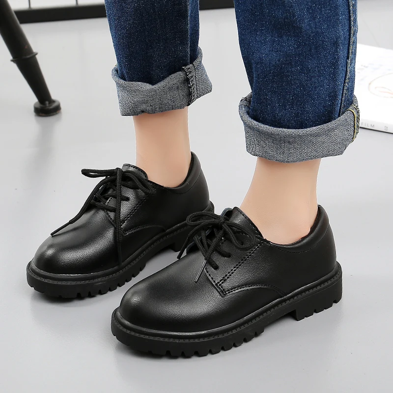 Черная кожаная униформа для мальчиков-подростков на заказ, Детская школьная обувь