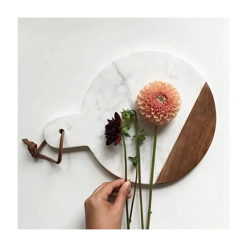With Solid Wood Copper Nature Stone White Marble Chopping Cake Plate Dinner Plate Cutting Board Marble White Marble Kitchenware