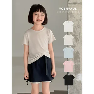 YOEHYAUL CD1662 Big Girls Simple Knit Fabric T-Shirt Top Summer Lycelle Solid Color Crew Neck Knit T-Shirt Short Sleeve for Kids