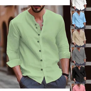 Autumn and Winter Men's Retro Cotton and Linen Casual Loose Solid Color Long Sleeved Shirt
