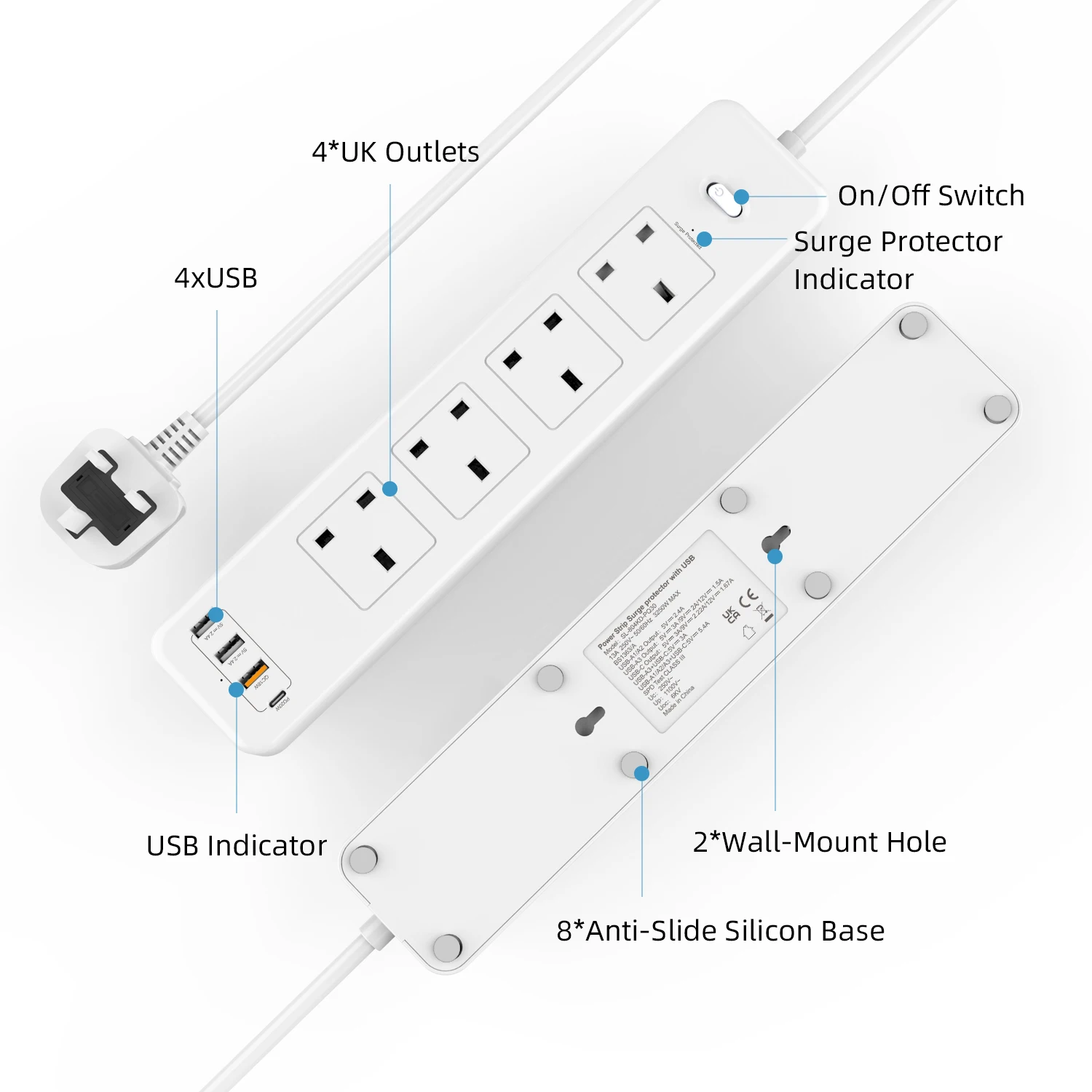 4way Outlets Power Strip Extension Lead With Usb C Wall Mounted Plug Extension Socket 1.8m