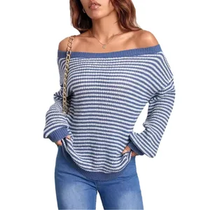2025 New Design Women's Long Knitted Dress Off-Shoulder Contrast Color Striped Lantern Sleeve Korean Style Casual Sweater Front