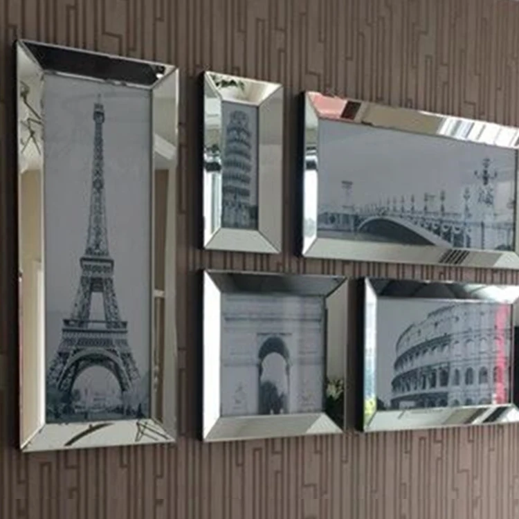 Modern Style Square Shape Beveled Mirror Picture Frame 7Pcs Photo Frame Combination for Family Photos Landscape