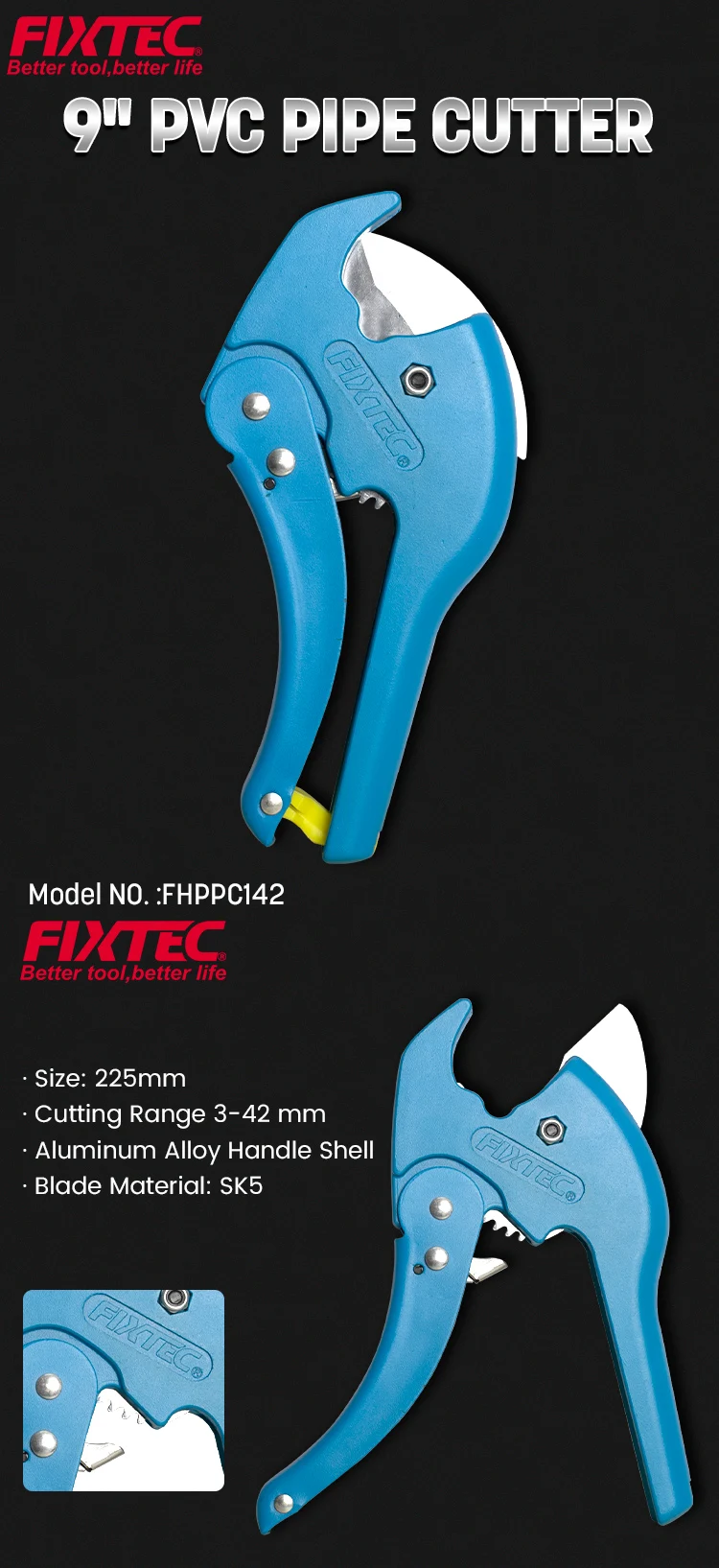 Fixtec 9" Pvc Pipe Cutters 225mm Aluminum Alloy Handle Shell Exhaust