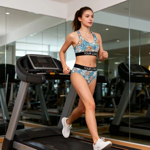 Women's Custom Logo Push up 2 Piece Set Bathing Suit Racer Back Floral Solid Print Mesh Yoga Sports Bra Brazilian Bottom Style