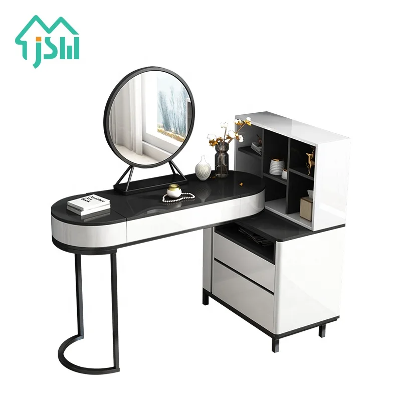 Concise Style Modern Bedroom Round Mirror Black and White Dresser Furniture Makeup Vanity