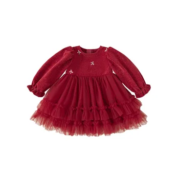 2024 children's clothing autumn and winter girls' mesh dress little girl princess dress Christmas New Year red kids' skirt