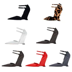 2026 Early Summer Women's Patent Leather High Heel Wedge Shoes Pointed Large Size with Buckle Hollow Cross-Border Trade Design