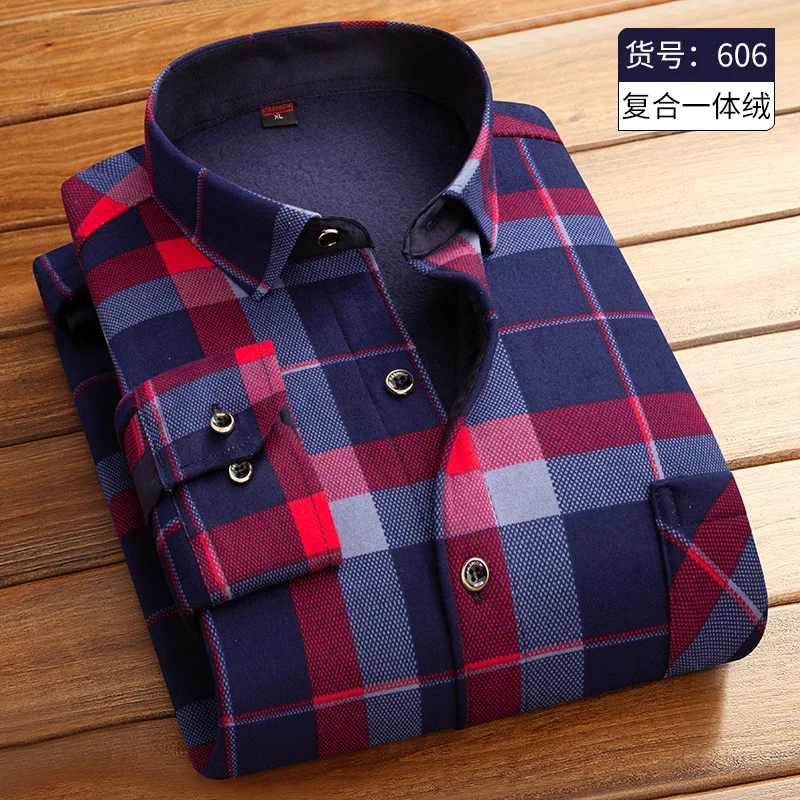 Men Autumn Winter Fleece Warm Shirts Long Sleeve Plaid Lapel Button ...