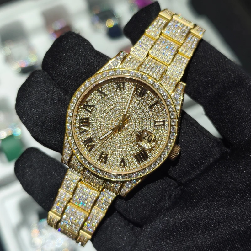 Hip Hop Bust Down Custom Automatic Mechanical Watches Luxury Brand Gold Iced Out VVS Moissanite Diamond Watch for Men