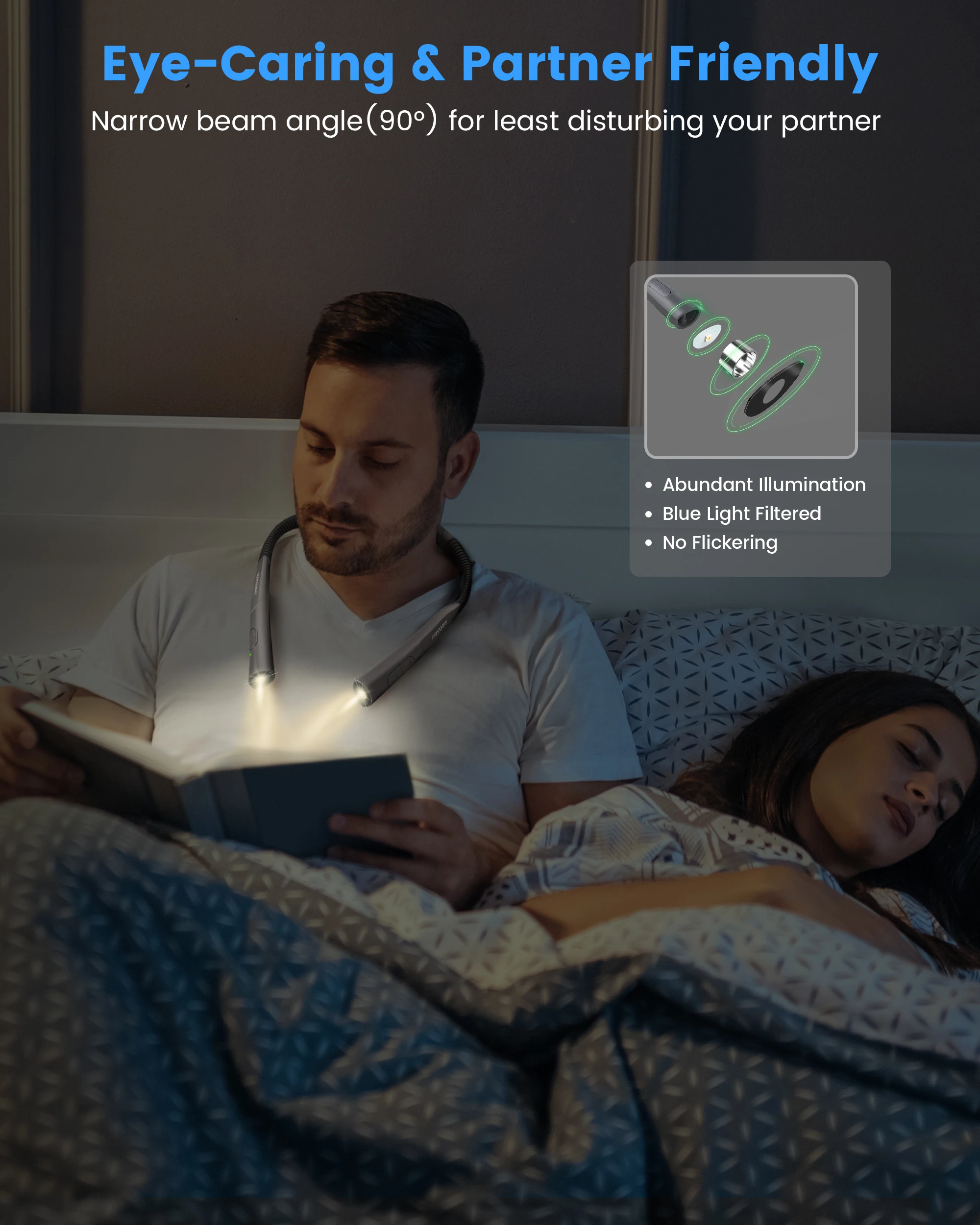 Glocusent Patented UPGRADED LED Neck Read Light Long Lasting Adjustable Rechargeable Neck Book Reading Light