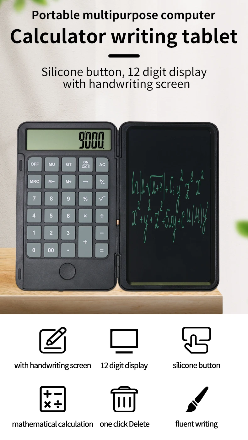 12-Digit Calculator With Writing Tablet Desk Calculator Large Display Basic Office Calculators 6'' LCD Writing Board