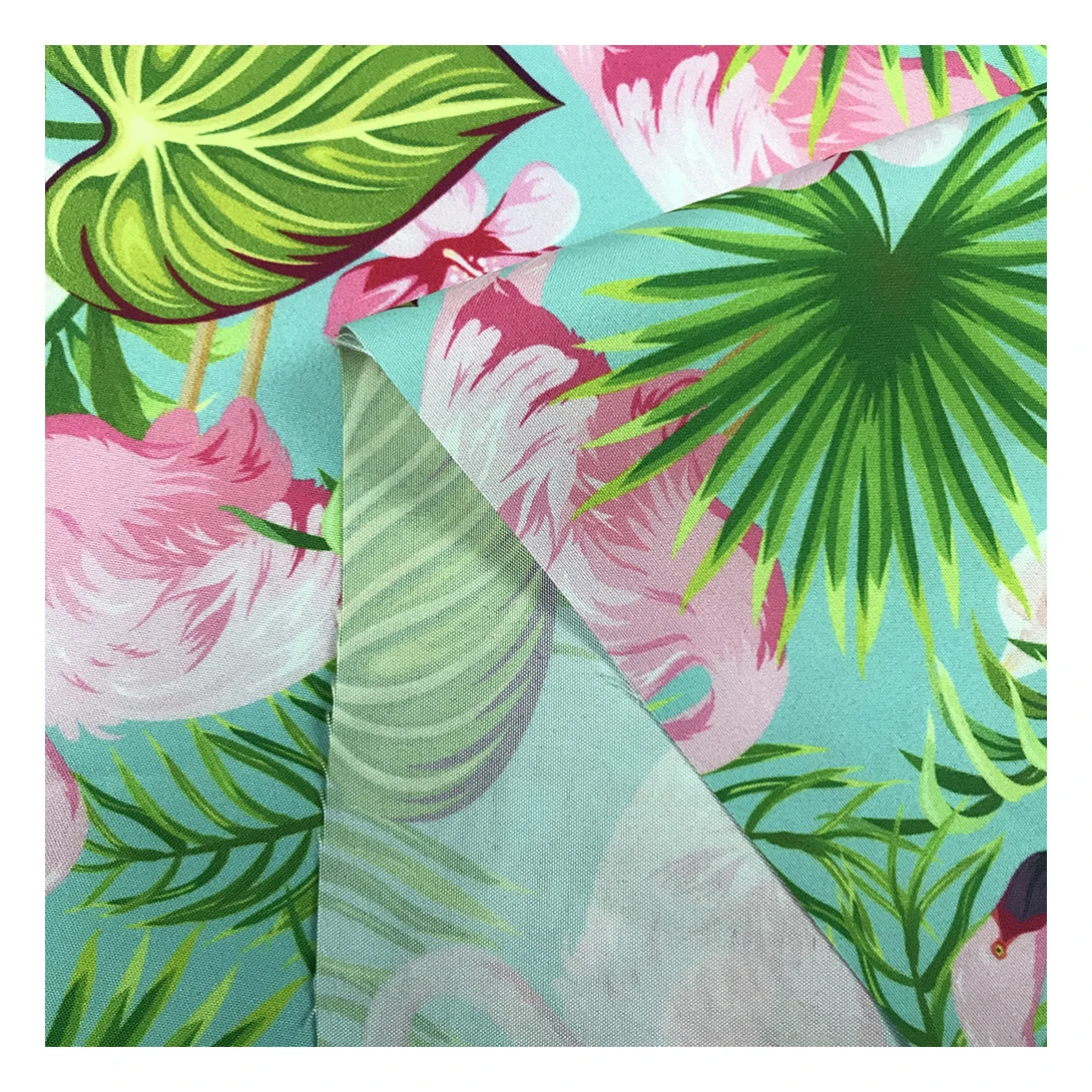 Фабричный магазин, тропический фламинго, дизайн, цифровая печать, 100% полиэстер, персиковая кожа, печатная ткань для пляжных шорт, одежда