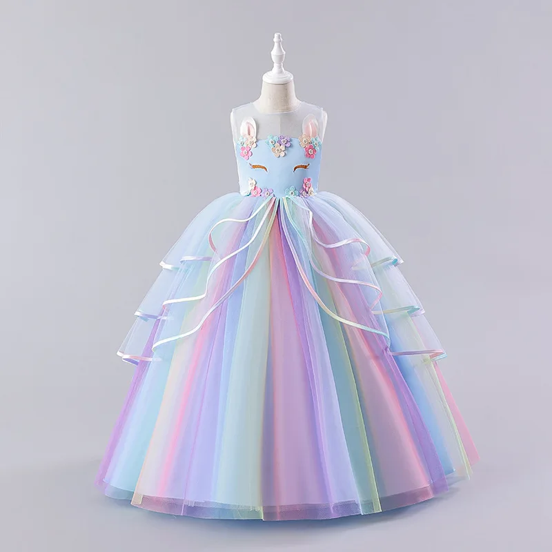 Kids Unicorn Girl dresses Flower Appliques Princess Dresses Children Wedding Birthday Party Costume Evening Formal Gown 5