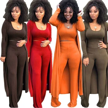 Trending Solid Casual Long Coat Woman Outfits Pants Set Ribbed Knit 3 Piece Set Women Clothing Plus Size Fall 2021 Women Clothes