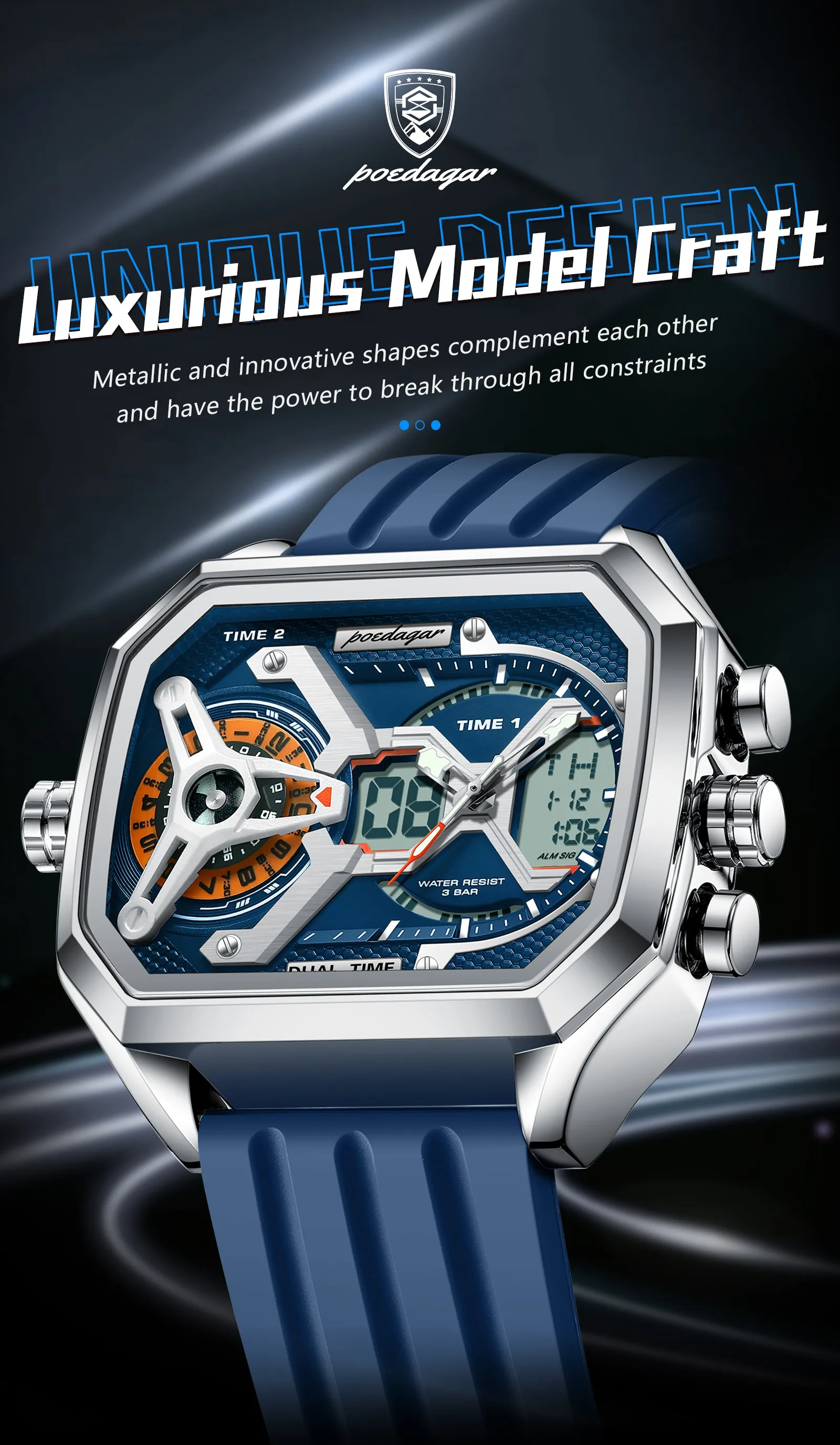 POEDAGAR E106发光时尚商务石英品牌双显示数字防水运动硅胶表带男士手表