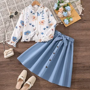 Children 2026 Autumn Holiday Casual Teenage Girls Clothes Elegant Floral Print Long Sleeve Shirt Skirt Two Piece Kids Clothing