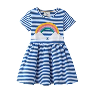 YOEHYAUL Custom Logo Rainbow Striped Combed Cotton Kids Dress High Quality 6 Year Old Girl Kids Dresses for Girls Casual