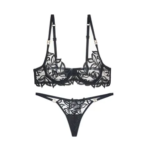 JENGS New Product Embroidery See Through Underwire Bra Panty Sexy Lace Mesh Sheer Lingerie Push up Bra and Thong Panties Sets