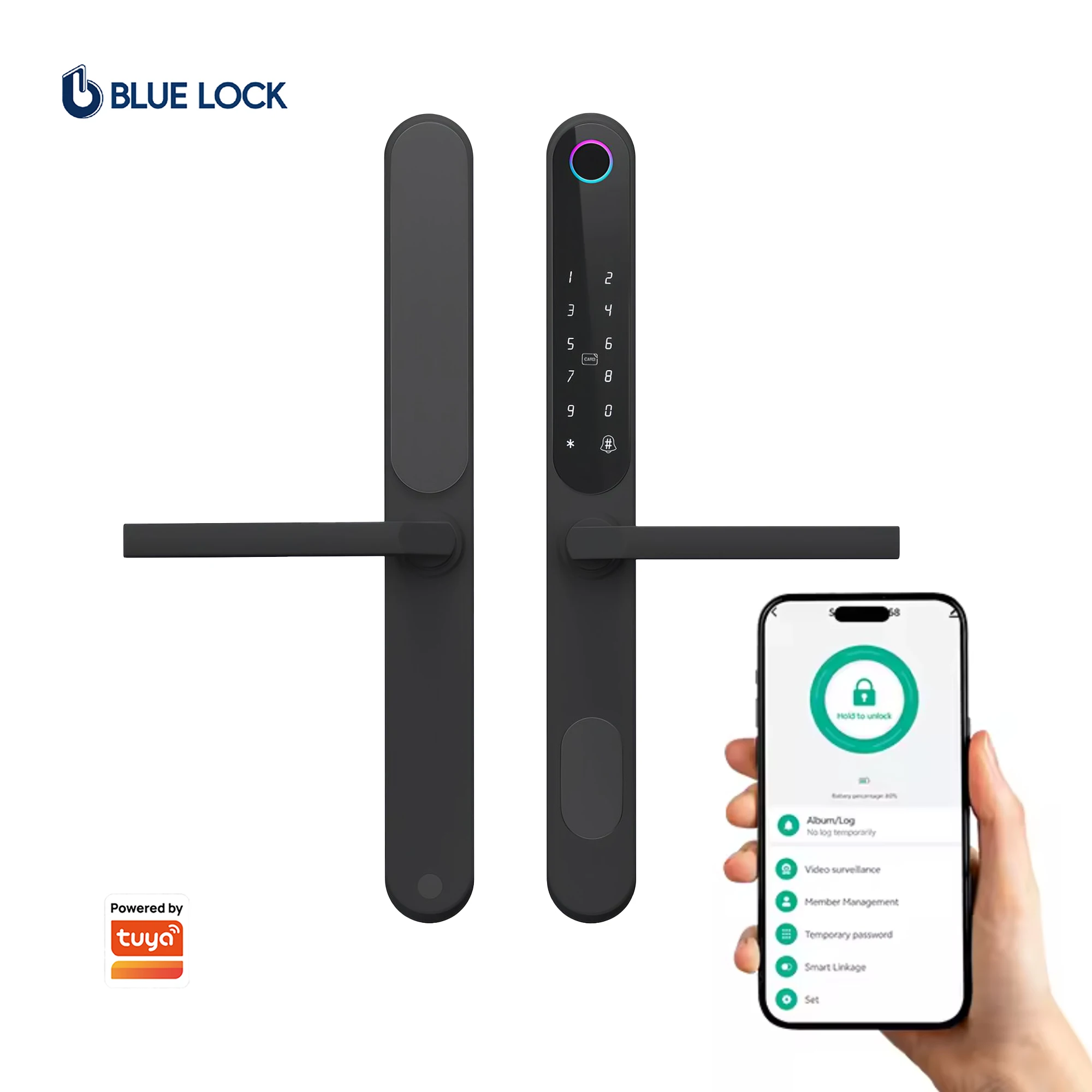Bluelock Waterproof Keyless Entry Aluminum Door Lock Slim Smart Lock with Tuya APP Fingerprint Key Narrow Door Steel Door Cloud