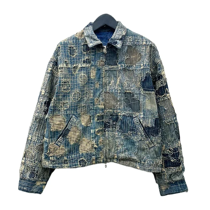Salati Custom Spring Custom Streetwear Zipper Vintage Distressed Old Washed Heavy Denim Jacket for Men