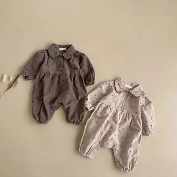 Newborn Spring and Autumn Baby Rompers Korean Ins Style Baby Girl Jumpsuit Pure Cotton Corduroy Floral Lapel Infant Clothes
