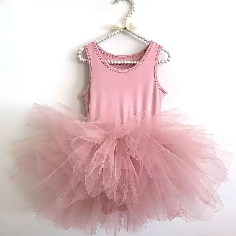 Korean New Boutique Linen Cotton Sleeveless Solid Color Baby Girls Cotton Princess Pleated Skirt Dresses Children Kids Clothing