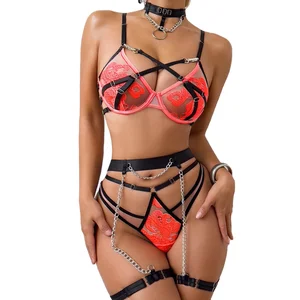 JENGS Valentines Fantasy Underwear for Women Sexy Lace Embroidered Mesh Sheer Backless Choker Garter Chains Decor for Hot Teens