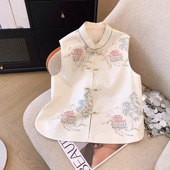 New Chinese Women's Embroidered Vest Spring and Fall Casual Plate Button Jacquard Sleeveless Jacket Retro Blouse Tang Suit