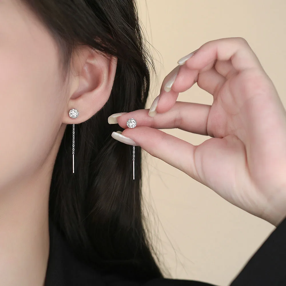 Sparkling S999 Sterling Silver Zircon Ball Tassel Earrings for