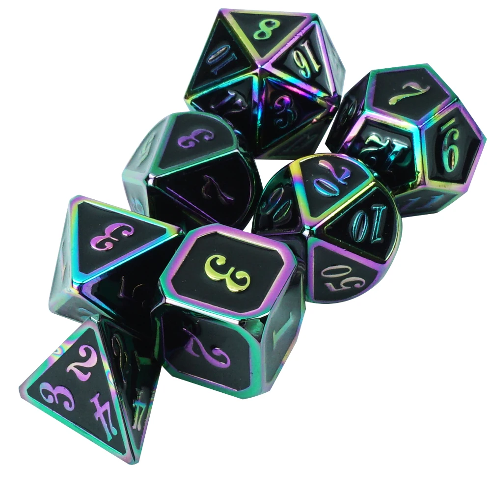 Professional Custom Dnd Polyhedral Dice Set 7pcs Metal rainbow Digital Dices 4d 6d 8d 10d 12d 20d Black Paint for Casino Game