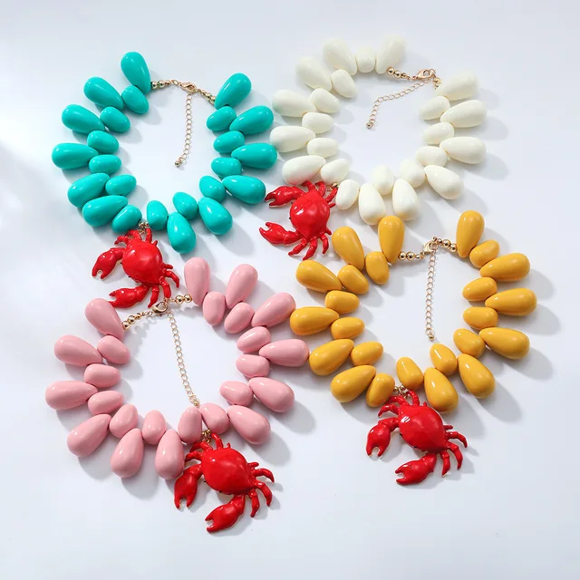 European American Luxury Women's Fashion Chains Big Brand Natural Ocean Beach Vacation Style Water Droplet Crab Pendant Necklace