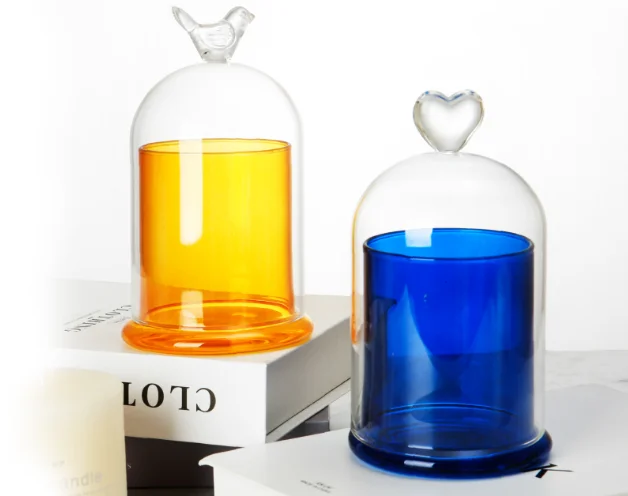 High Quality Handmade Clear Cloche Glass Dome Candle Jars Printed Colored Glass Base Candle Bell Dome Jar with Heart Bird Handle