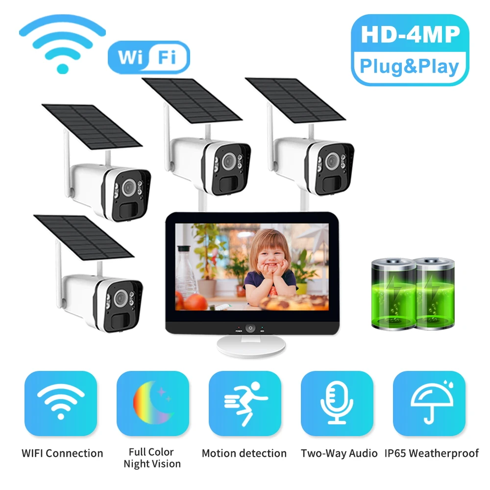 12.5 Inch Monitor 4mp Solar Security Camera System Wireless Outdoor ...