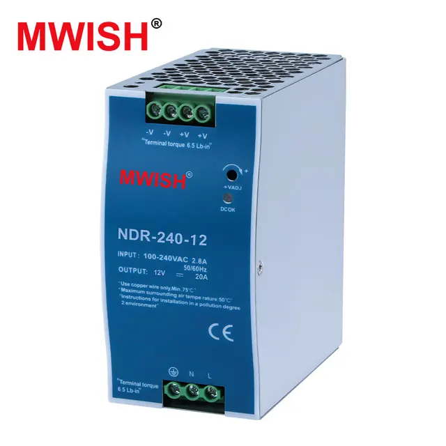 Lightweight And Portable Mwish Ndr-240-12 240W 12V 20A Mine Monitoring Systems Din Rail Smps Switching Power Supply