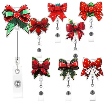 New Acrylic Red Green Christmas Bow Series Retractable Badge Reel for Xmas Holiday Decoration