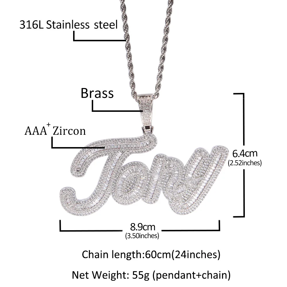 Personalized Iced Out Name Plate Pendant Bling Custom Letter Name Necklace With Square CZ Chain Necklace for Women Men Jewelry