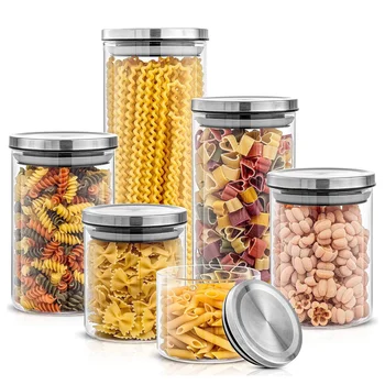 Modern Kitchen Canister Set 9.5*16cm 900ml Transparent Glass Jars with Lids Stainless Steel Lids Airtight Food Storage Container