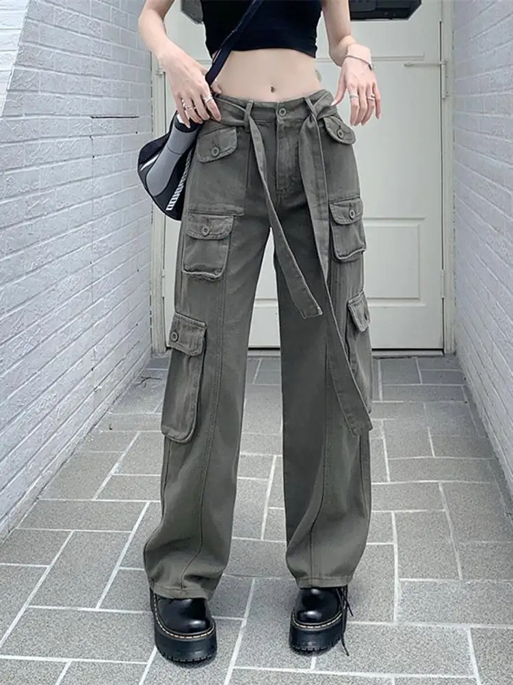 Women Cargo Pants Women's Trousers High Waist Loose Casual Trousers Vintage Lady Multi Pocket Streetwear Straight Wide Leg Jeans