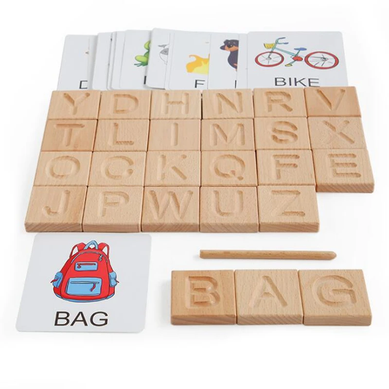 Montessori Spelling Words Game Wooden Alphabet Blocks Puzzle Kids Teaching Aids 