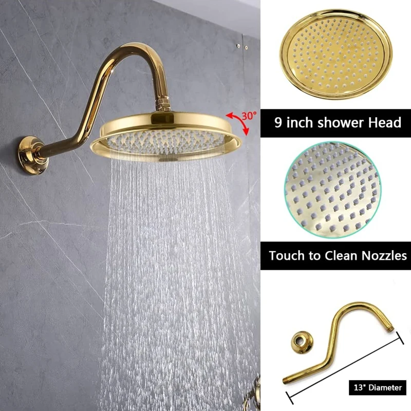 Drettyer Antique Brass Rain Shower Head – 9 Inch Vintage Shower Head With Curved Arm, High Pressure - View #8