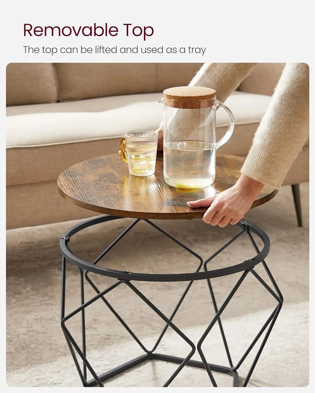 Combohome Living Room Furniture Metal Frame 2-tier Wood  Top Round Coffee Table with Storage Shelf
