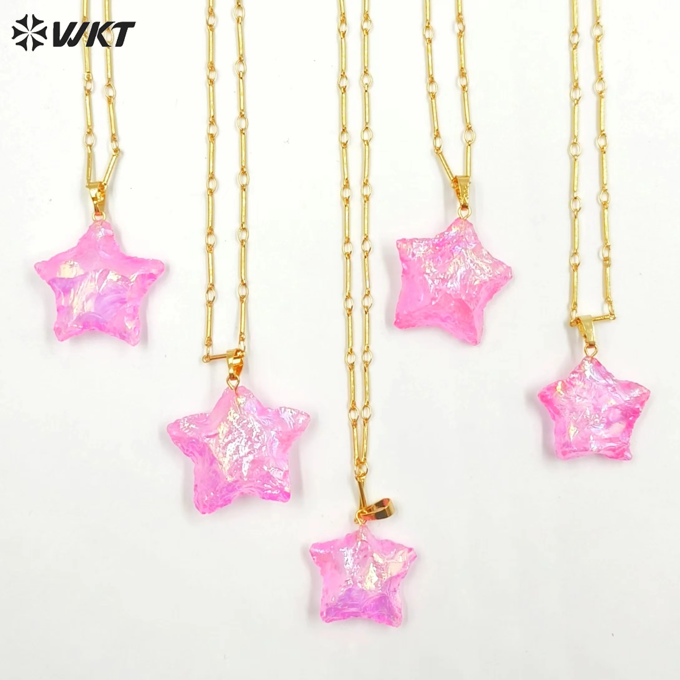 WKT Natural Pink Opal Necklace - 18K Gold Plated Star Shape
