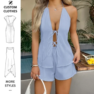 Women Tie up Open Back Halter Neck Cami Tops Elastic Waist Shorts Y2k Summer Outfits Lounge Set