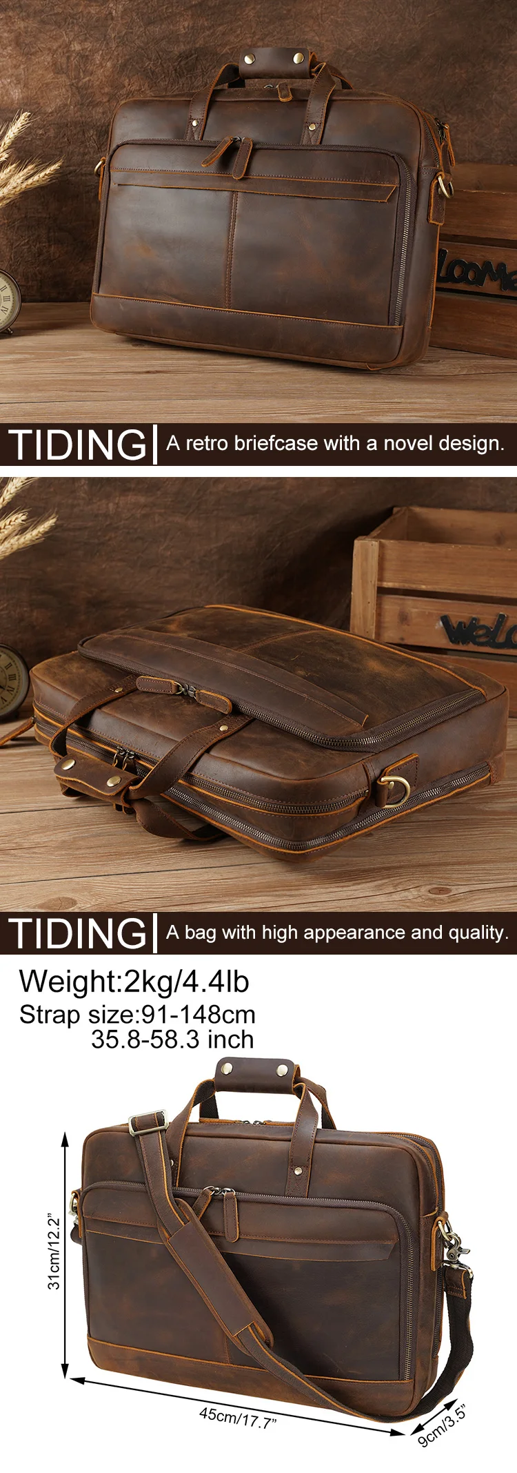Large Capacity Dark Brown Crazy Horse Leather Office Briefcase Bags Men ...