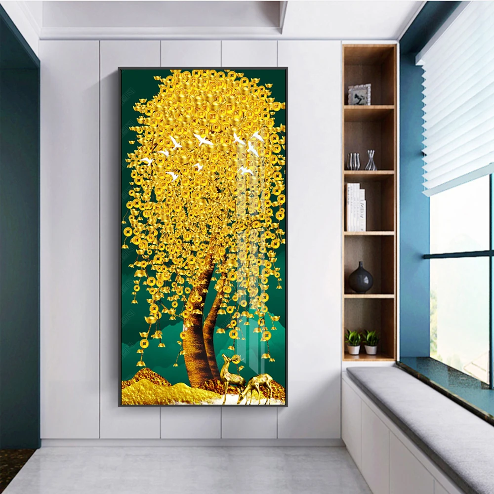 UNIART Abstract Golden Leaves Money Tree Prints on Canvas