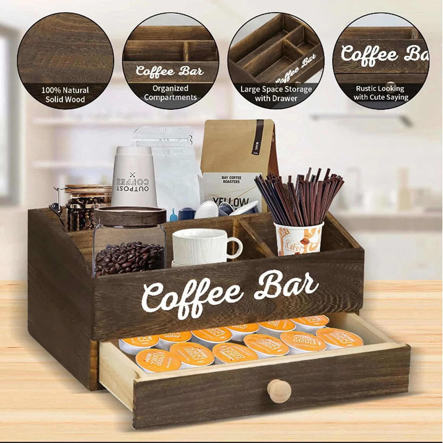 Organizer Stazione Caffè In Legno Rustico 30,5x11,5x15 Cm: Porta Cialde, Tazze E Bustine - 3