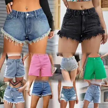 Tunlaud Women High Waisted Skinny Stretchy Denim Shorts Casual Summer Frayed Raw Hem Distressed Ripped Short Jeans