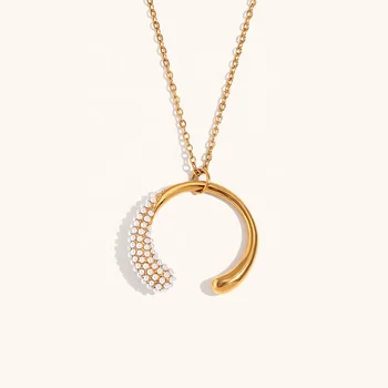 Dingran High Quality Pearl Moon Pendant Necklaces Gold Plated Stainless Steel Jewelry Necklace