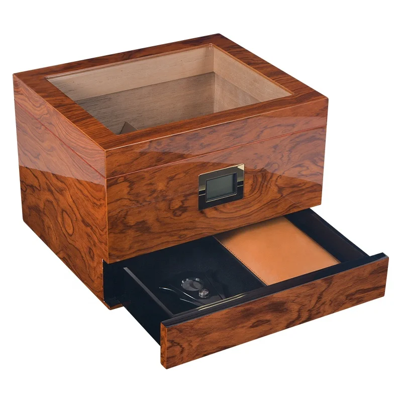 High Quality Glass Top Custom Logo Handcrafted Cigar Humidor Wood Storage Box with Divider and Front Digital Hygrometer